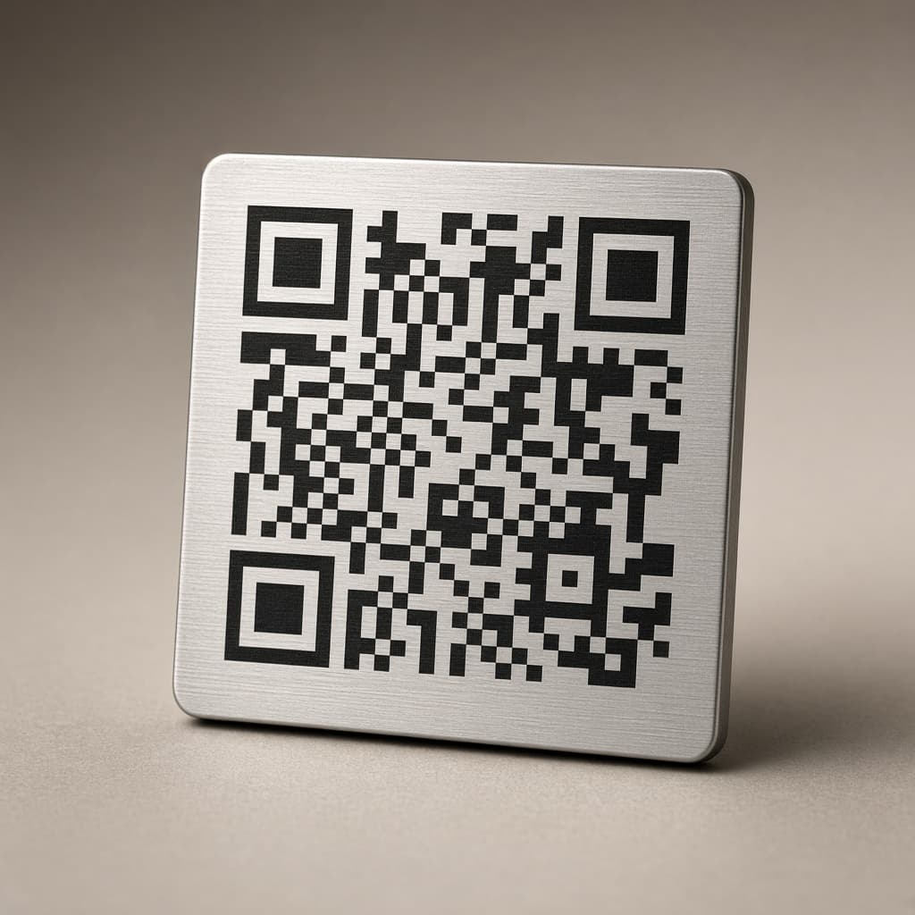 Brushed stainless-steel laser-etched QR memorial plaque